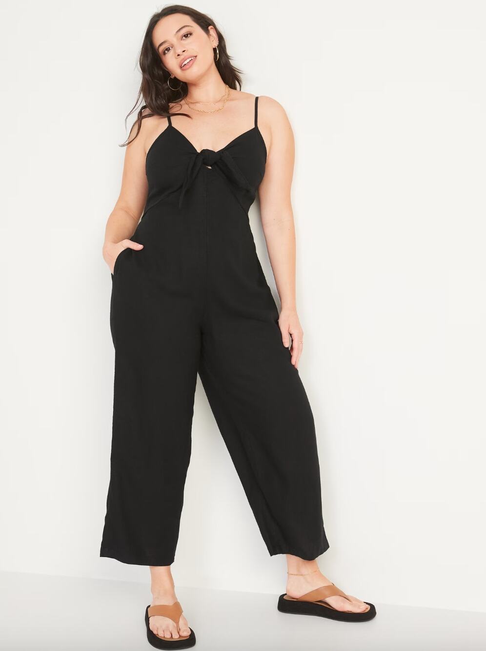 Old Navy Cropped Knotted Cutout Smocked Linen Blend Wide Leg Jumpsuit Size S